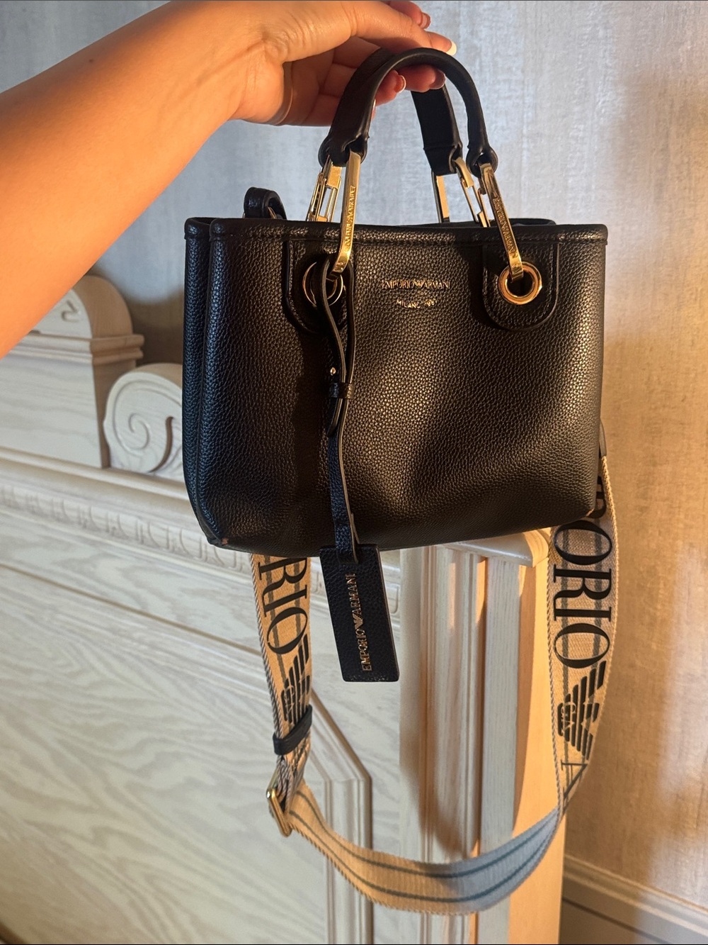 Emporio Armani Black Pebbled Leather Satchel with Branded Canvas Strap